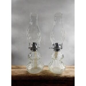Pair of Vintage Lamplight Farms Round Ribbed Clear Glass Oil Lamp Kerosene